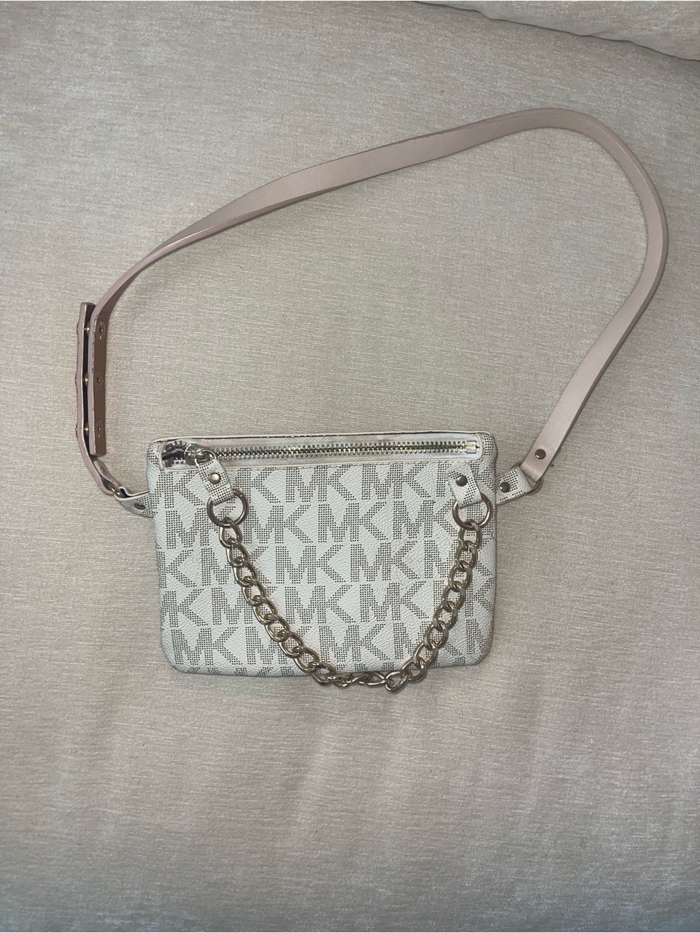 Michael Kors White Logo Crossbody with Pale Pink Strap